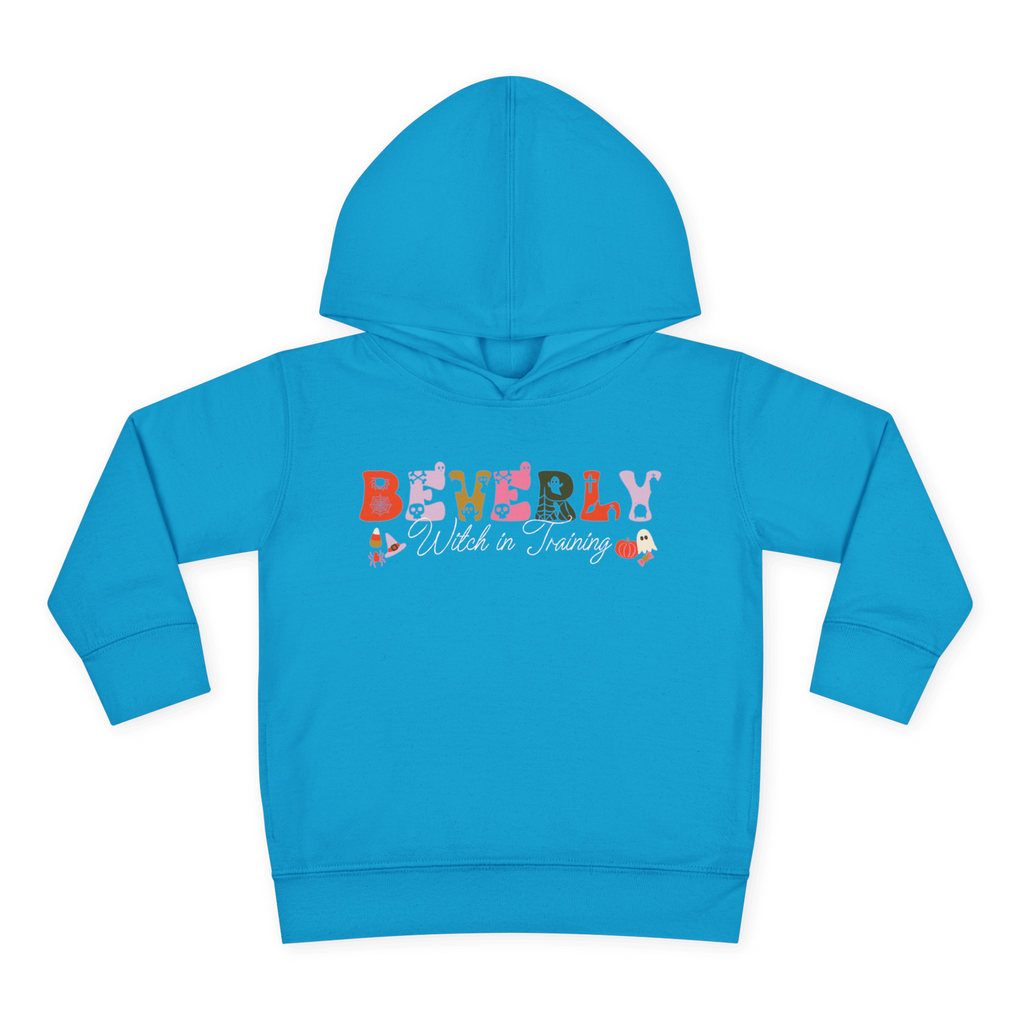 Spooky Toddler Hoodie – Personalized Halloween Pullover for Your Little Boo featuring a blue design with the name Beverly.