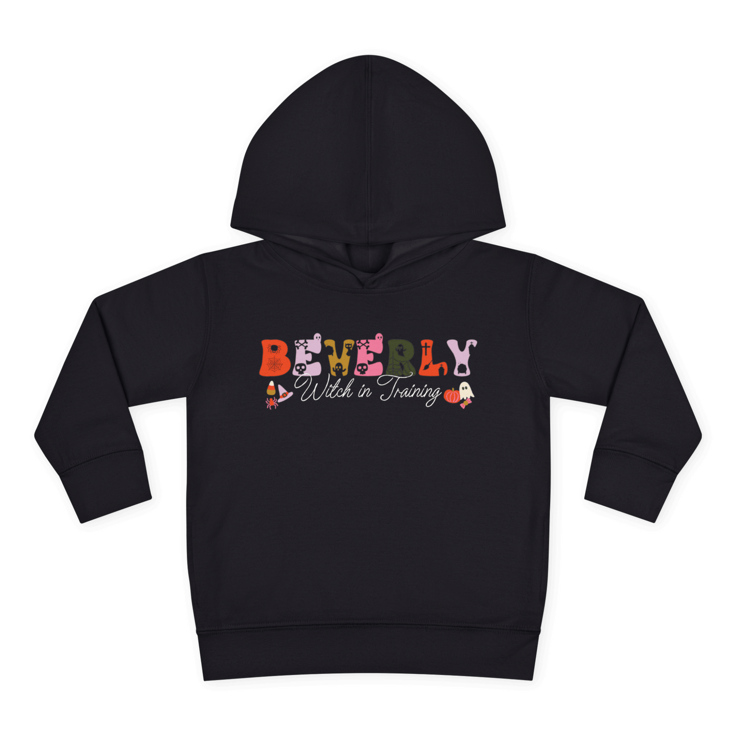 Spooky Toddler Hoodie – Personalized Halloween Pullover for Your Little Boo with name Beverly and Witch in Training.