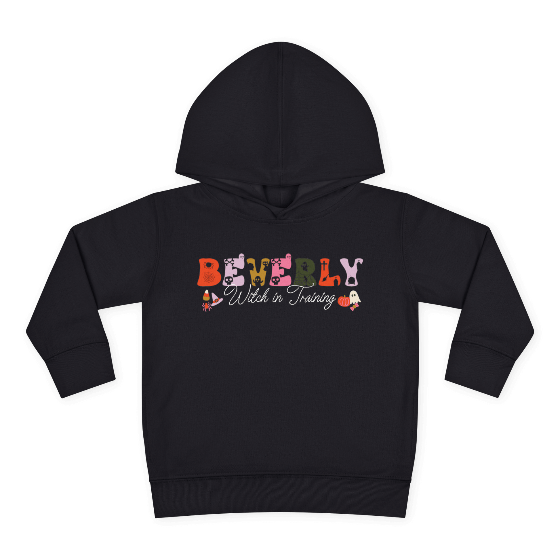 Spooky Toddler Hoodie – Personalized Halloween Pullover for Your Little Boo with name Beverly and Witch in Training.