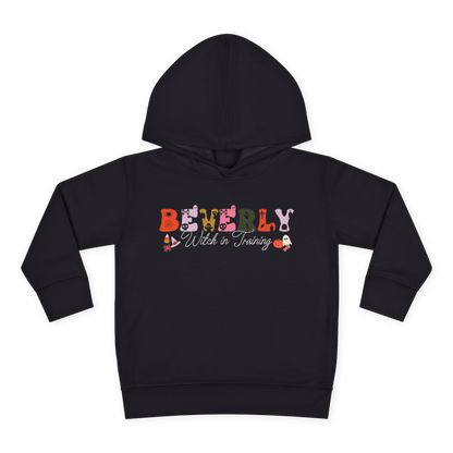 Spooky Toddler Hoodie – Personalized Halloween Pullover for Your Little Boo with name Beverly and Witch in Training.