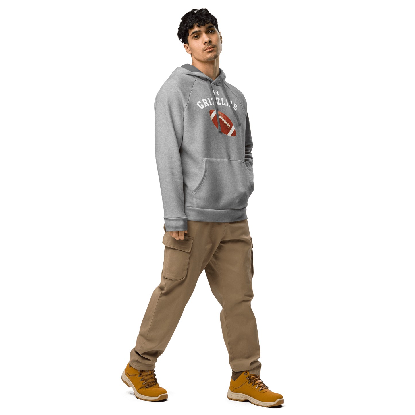 Sports Fan Hoodie with Custom Ball Sport & Team Name modeled by a young man in a gray hoodie and casual pants.