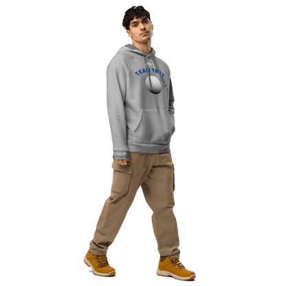 Sports Fan Hoodie with Custom Ball Sport & Team Name worn by a young man in a gray hoodie and cargo pants.