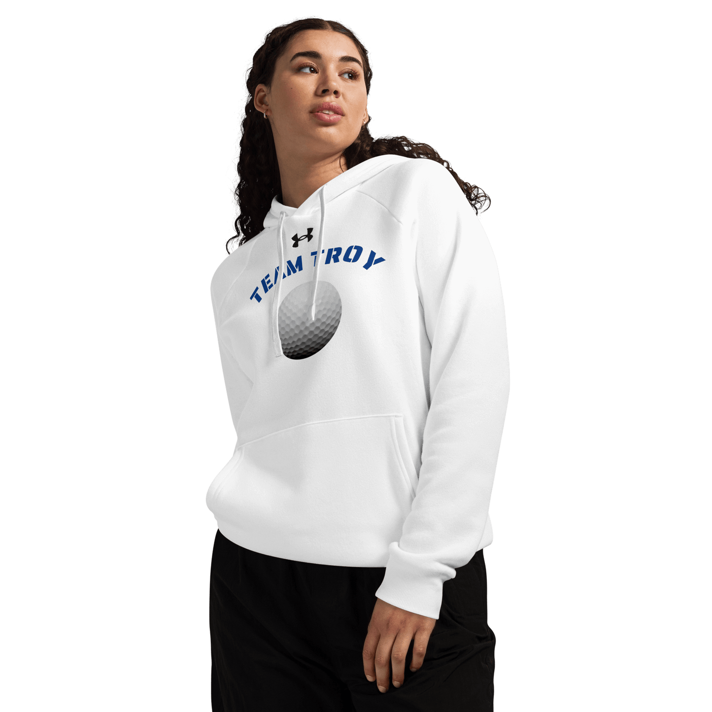 Sports Fan Hoodie with Custom Ball Sport & Team Name model wearing white hoodie with golf design
