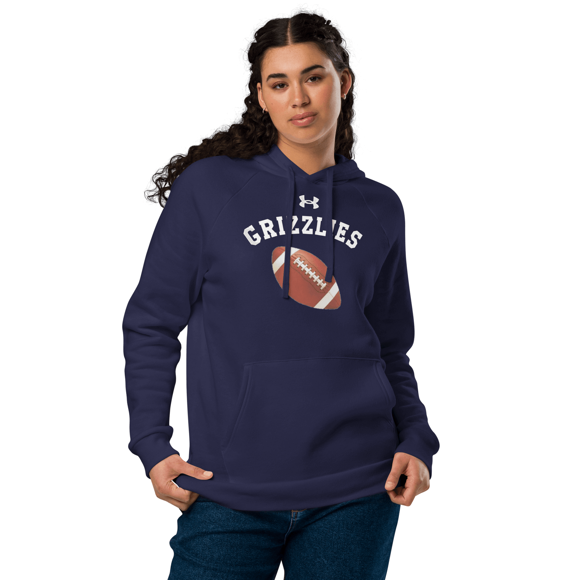 Sports Fan Hoodie with Custom Ball Sport & Team Name featuring a woman in a navy hoodie with a football graphic.