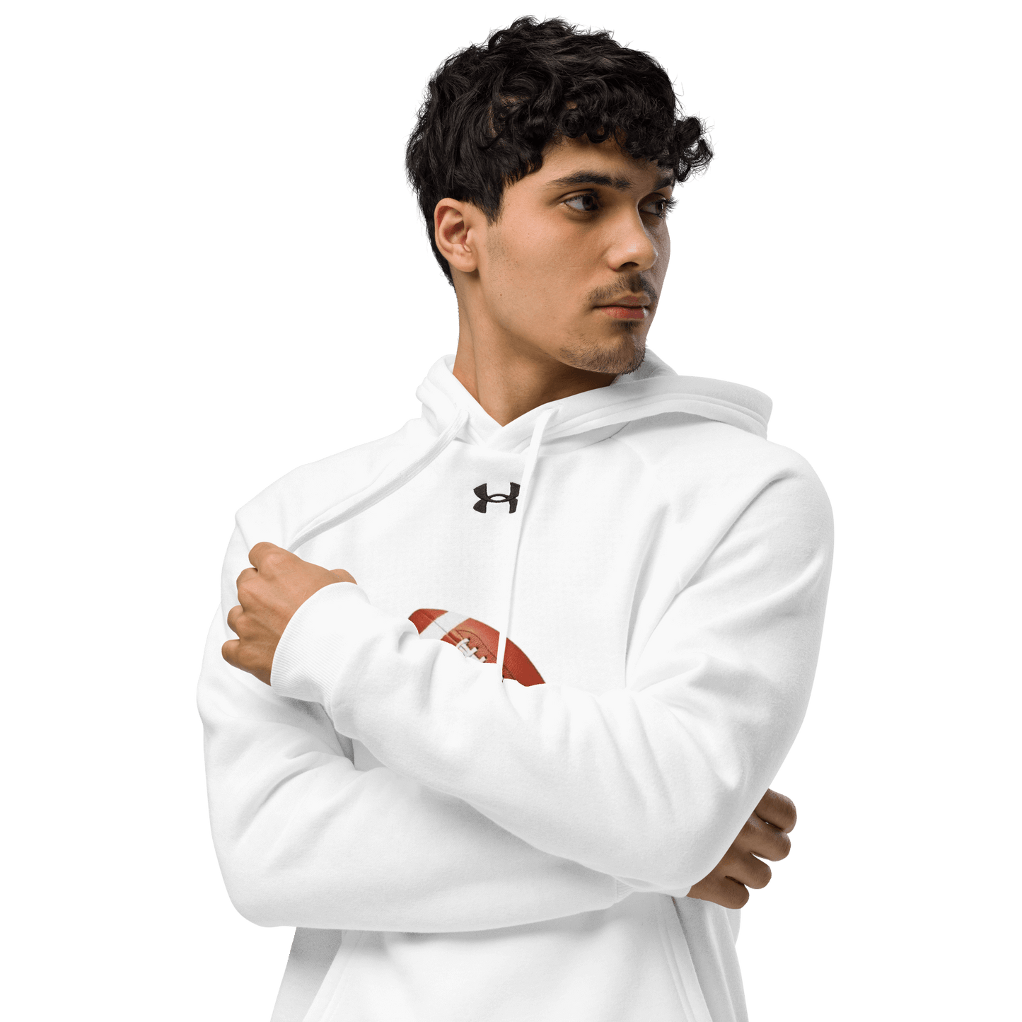 Sports Fan Hoodie with Custom Ball Sport & Team Name in white, featuring a football design