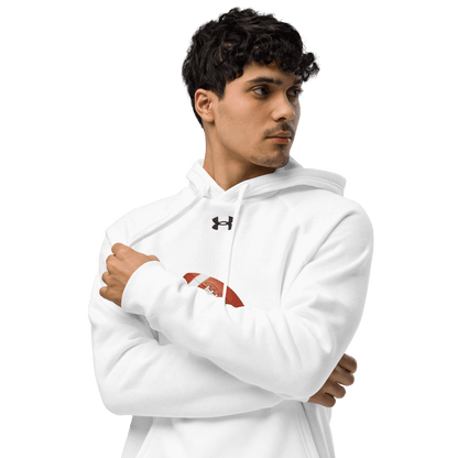 Sports Fan Hoodie with Custom Ball Sport & Team Name in white, featuring a football design