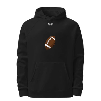 Sports Fan Hoodie with Custom Ball Sport & Team Name featuring a football design on a black hoodie