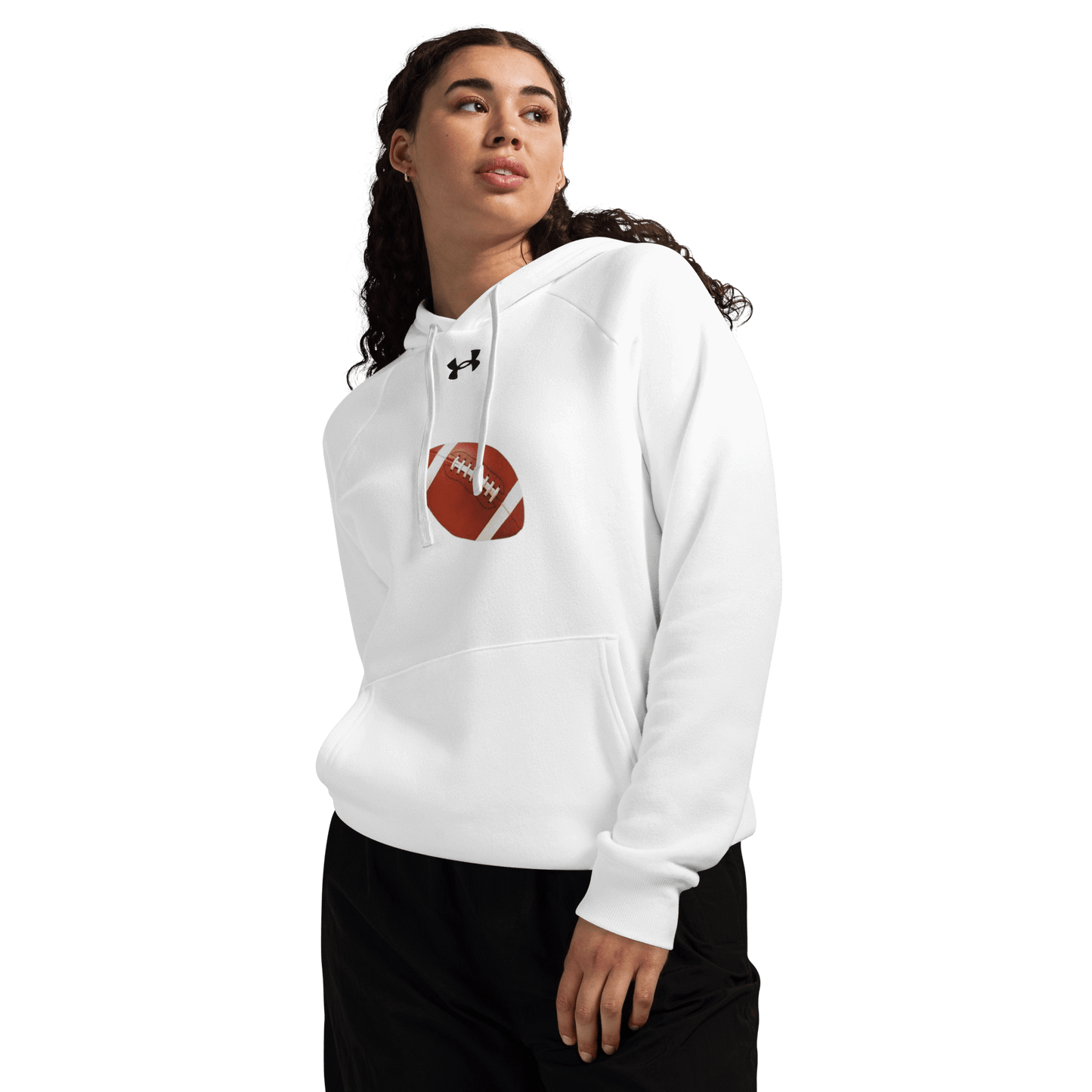 Sports Fan Hoodie with Custom Ball Sport & Team Name, featuring a football design on a cozy white hoodie.