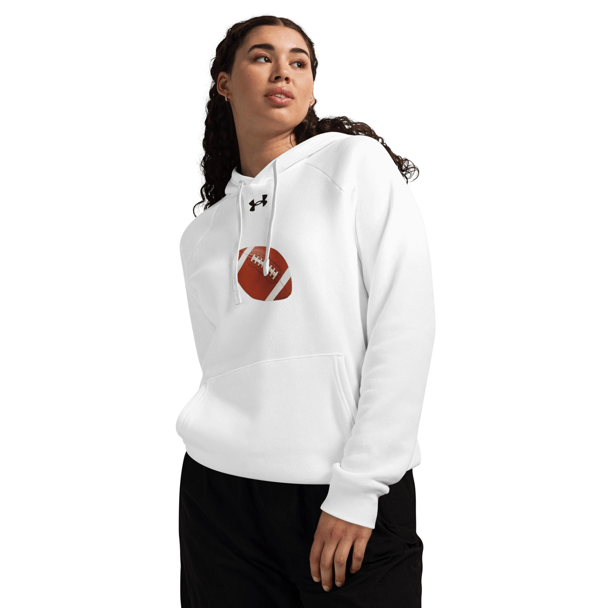 Sports Fan Hoodie with Custom Ball Sport & Team Name, featuring a football design on a cozy white hoodie.