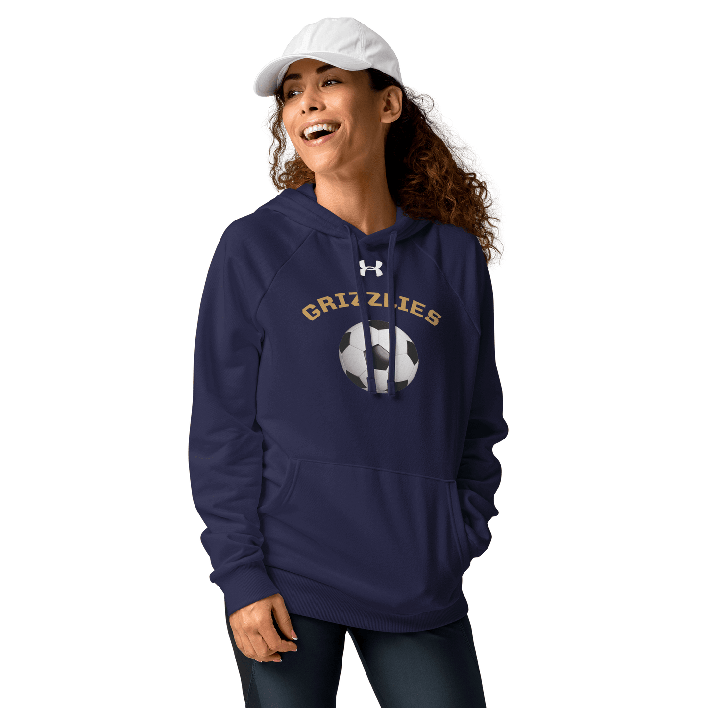 Sports Fan Hoodie with Custom Ball Sport & Team Name worn by a smiling woman in a navy hoodie.