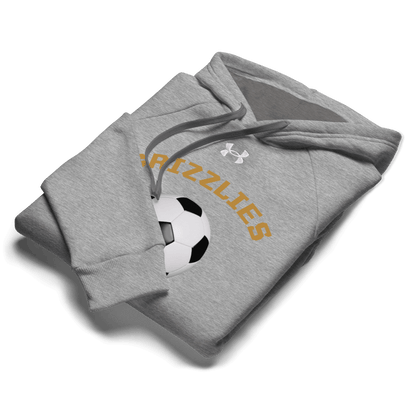 Sports Fan Hoodie with Custom Ball Sport & Team Name featuring a soccer ball design in grey.