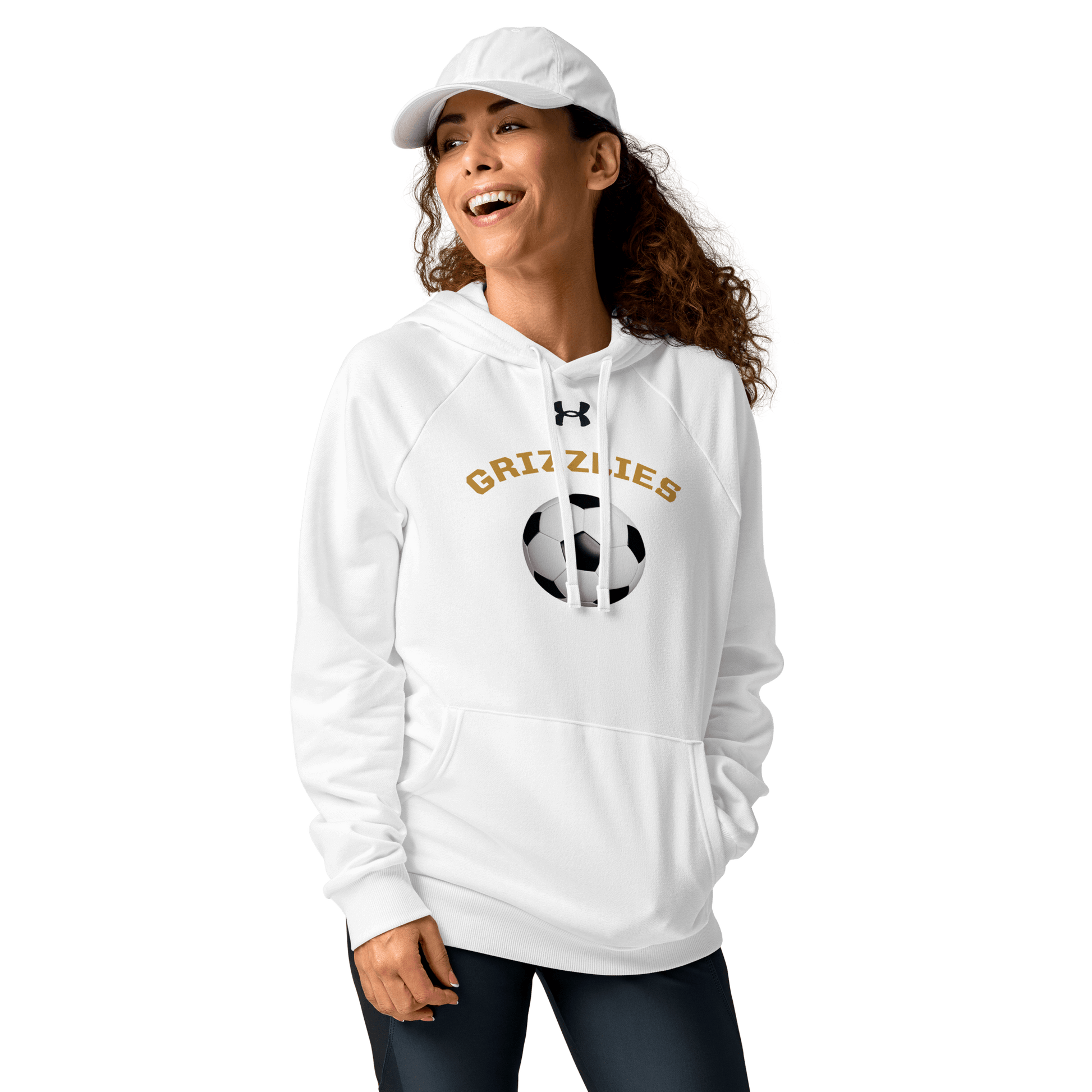 Sports Fan Hoodie with Custom Ball Sport & Team Name - White hoodie featuring soccer ball and Grizzlies team name.