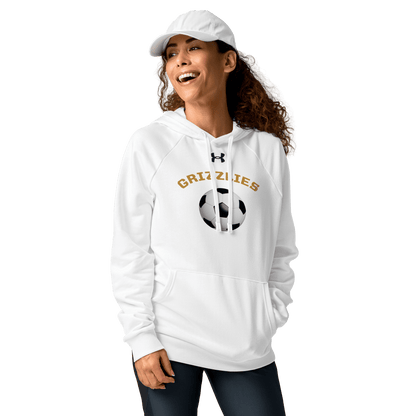Sports Fan Hoodie with Custom Ball Sport & Team Name - White hoodie featuring soccer ball and Grizzlies team name.