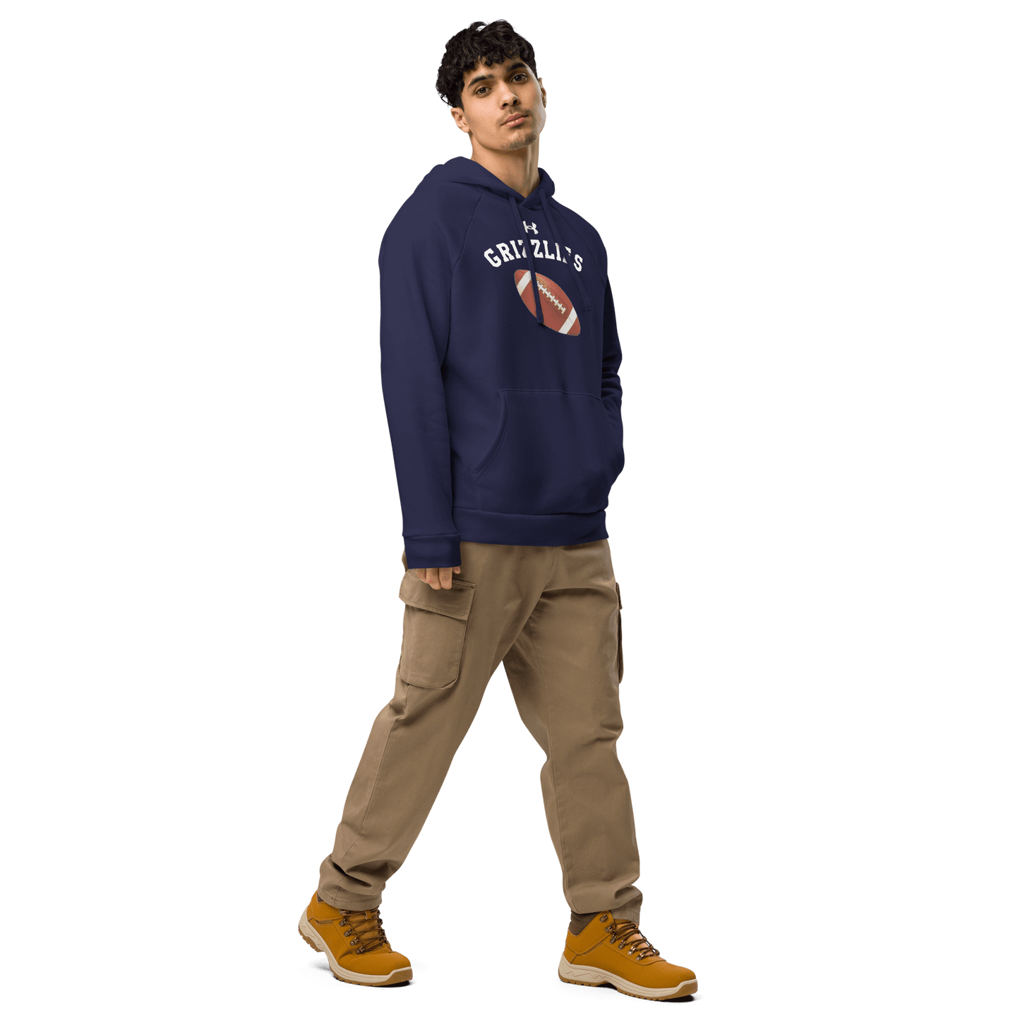 Sports Fan Hoodie with Custom Ball Sport & Team Name worn by a young man, showcasing team spirit and comfort.
