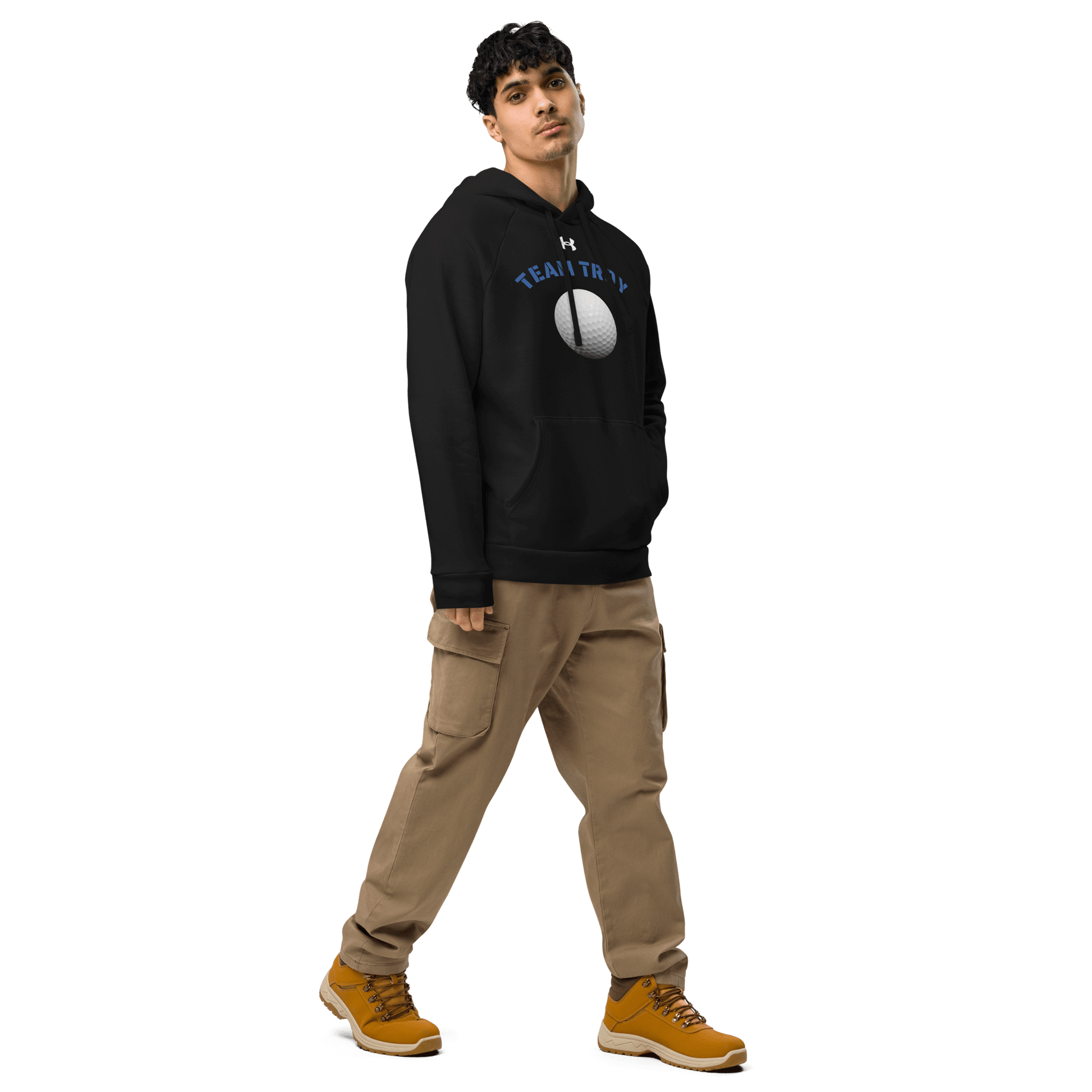 Sports Fan Hoodie with Custom Ball Sport & Team Name worn by a young man in casual style.