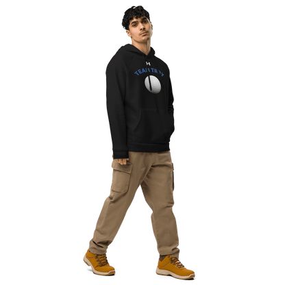 Sports Fan Hoodie with Custom Ball Sport & Team Name worn by a young man in casual style.