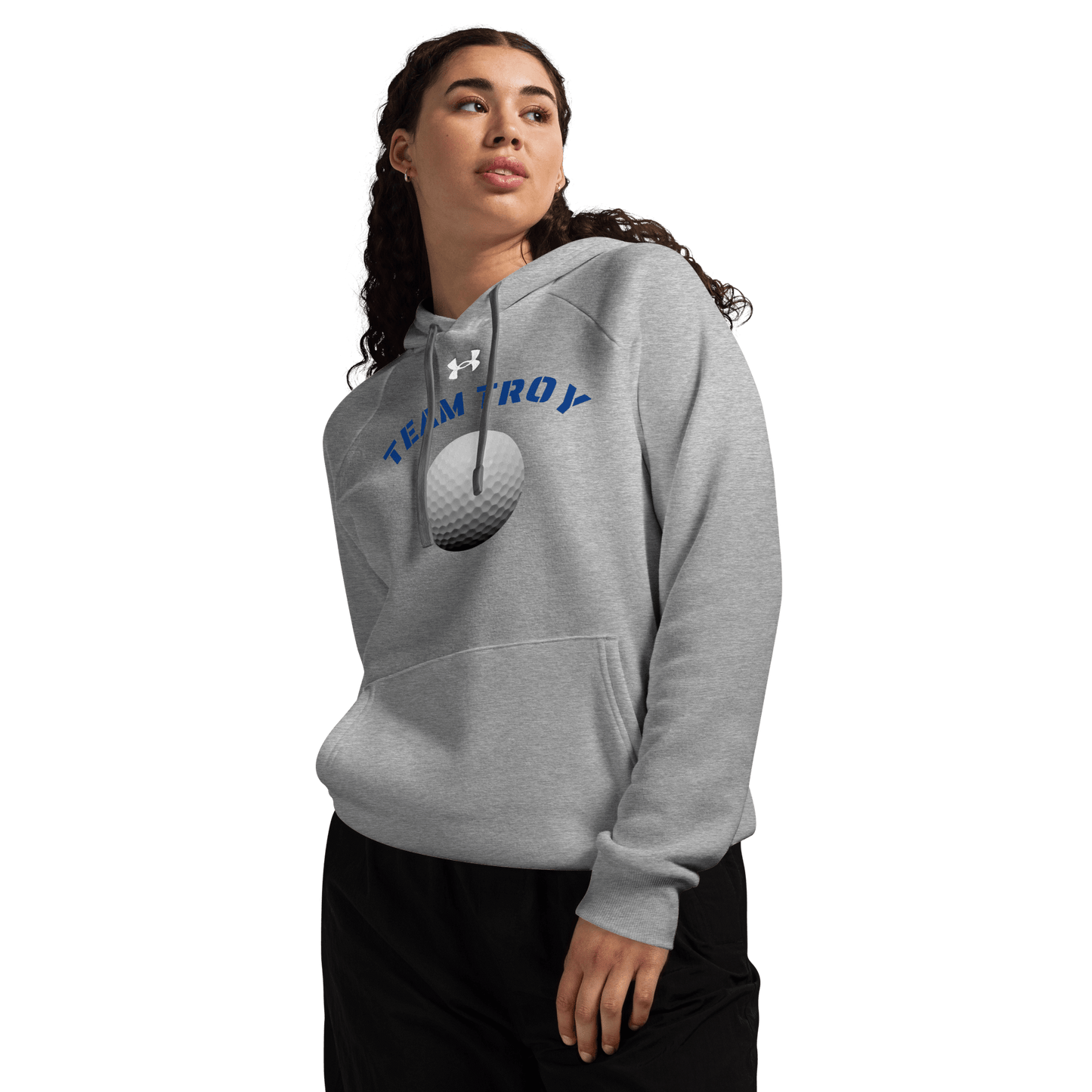 Sports Fan Hoodie with Custom Ball Sport & Team Name in gray with Team Troy design, perfect for fans and athletes.