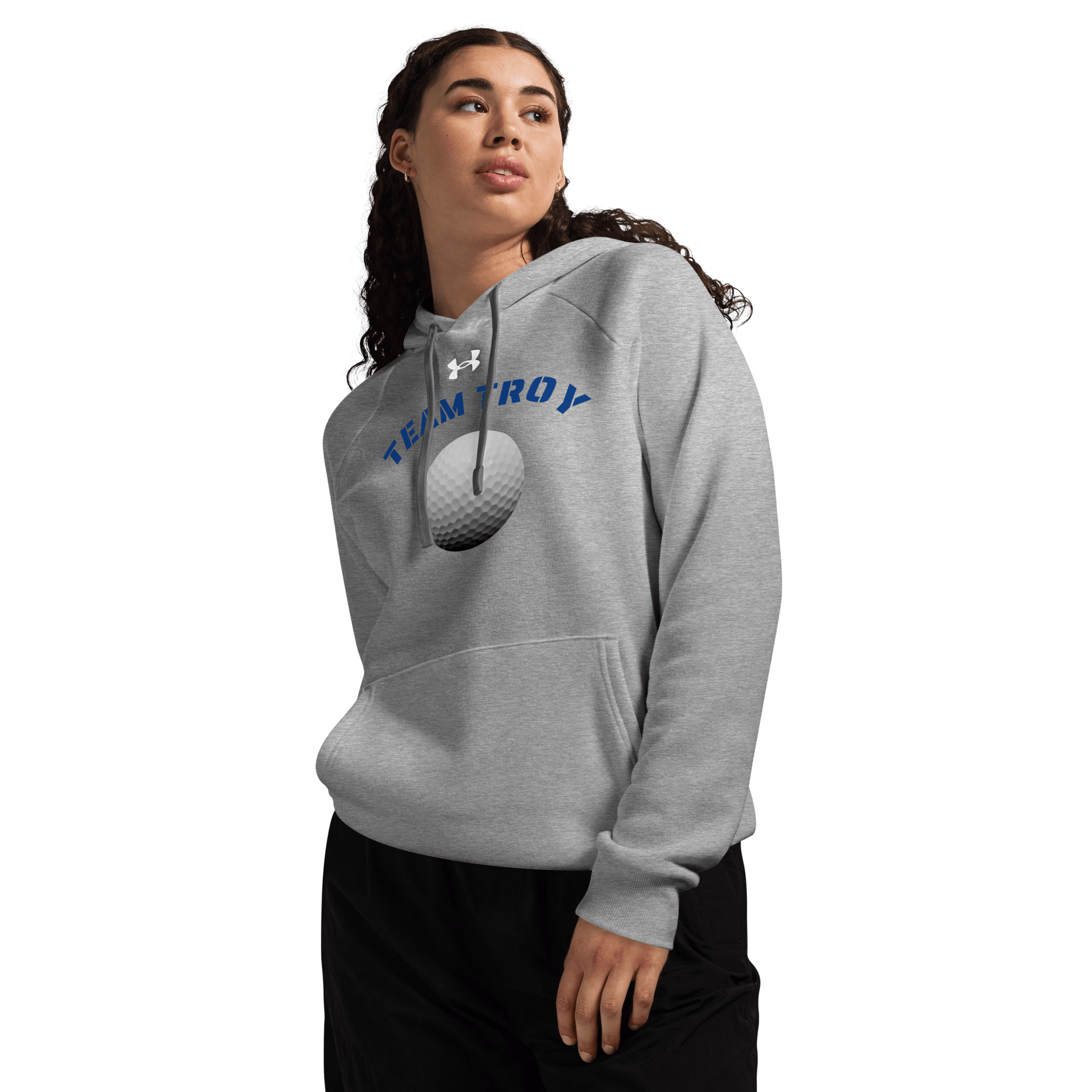 Sports Fan Hoodie with Custom Ball Sport & Team Name in gray with Team Troy design, perfect for fans and athletes.