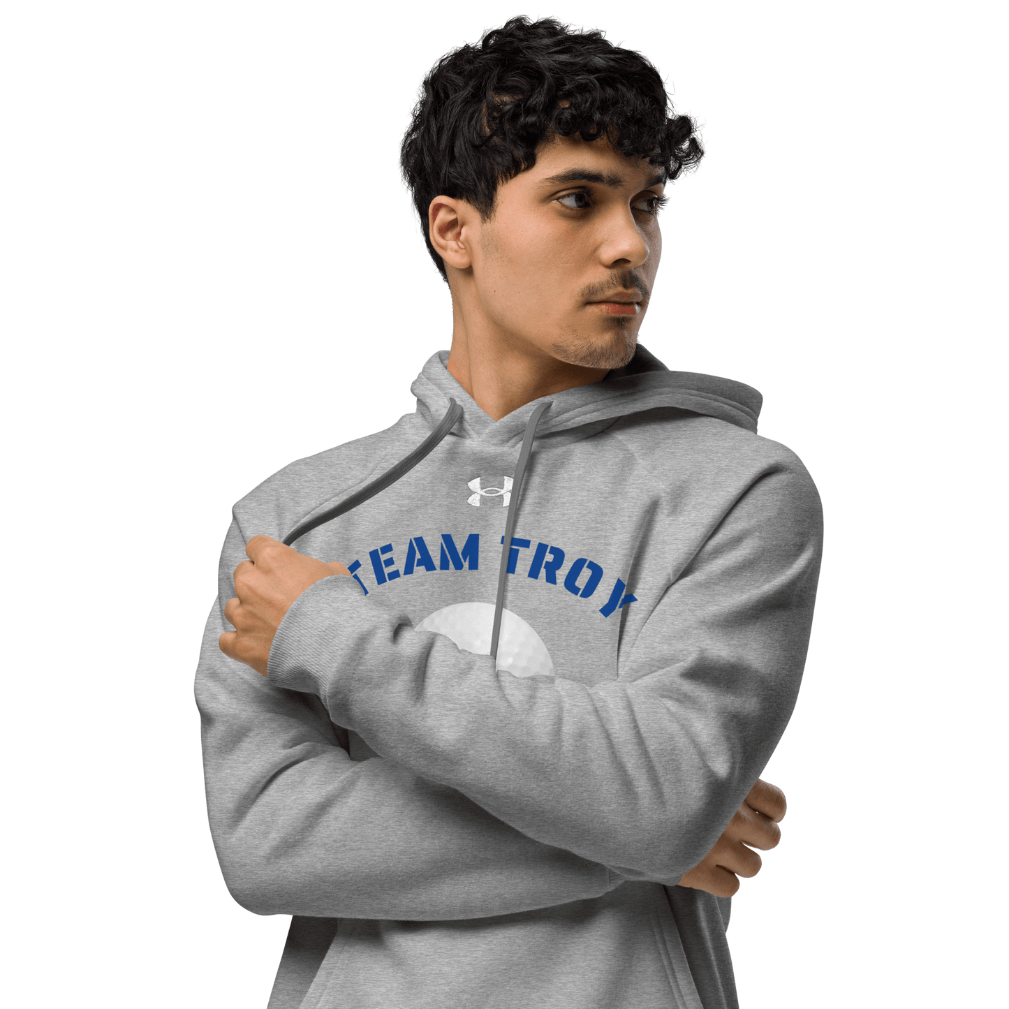 Sports Fan Hoodie with Custom Ball Sport & Team Name model showcasing gray hoodie with TEAM TROY design.