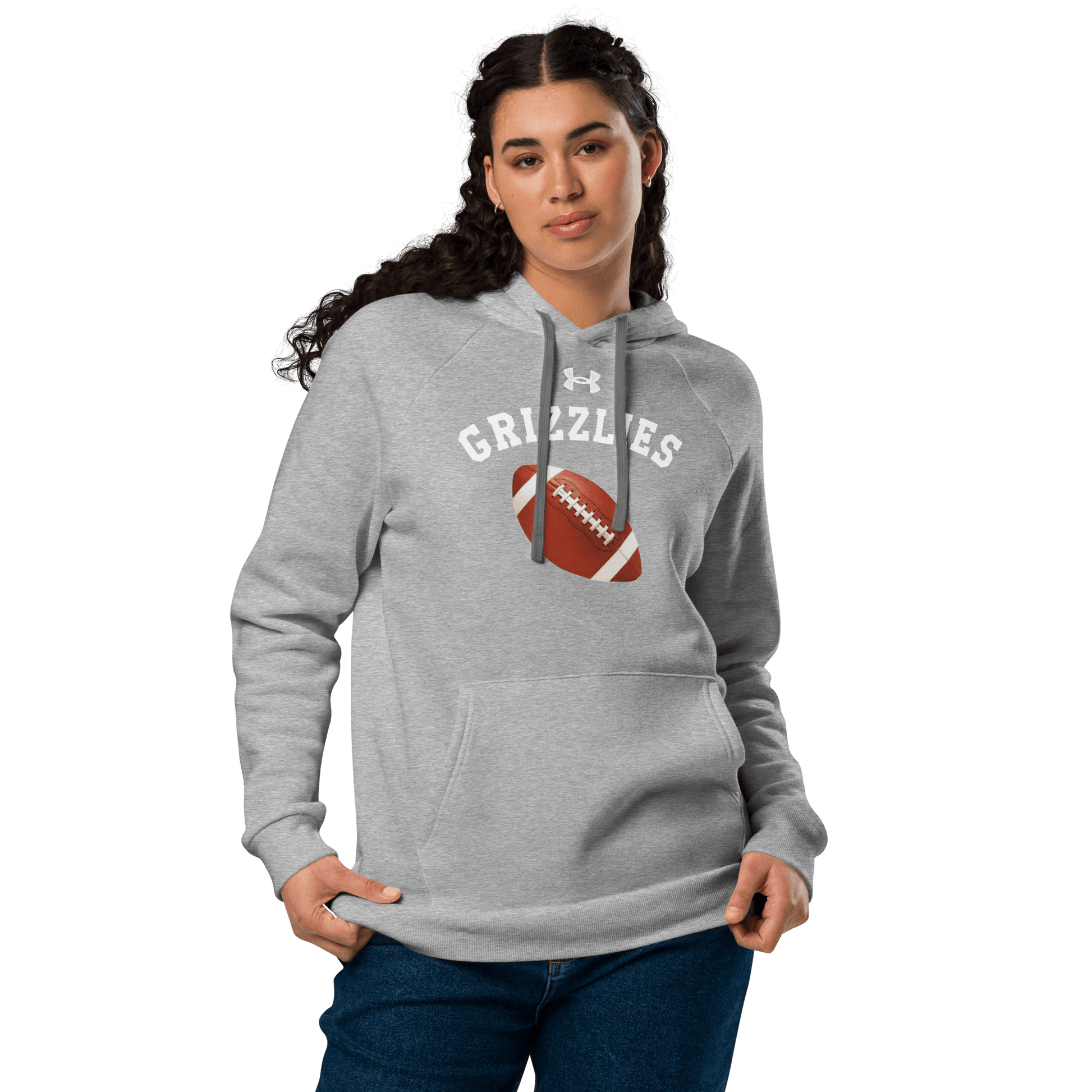 Sports Fan Hoodie with Custom Ball Sport & Team Name in gray, featuring football design and Grizzlies logo.