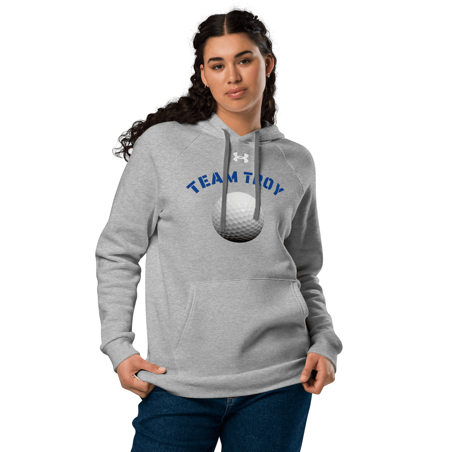 Sports Fan Hoodie with Custom Ball Sport & Team Name featuring Team Troy design in gray.