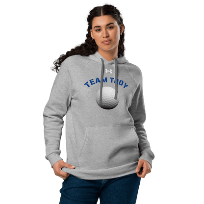Sports Fan Hoodie with Custom Ball Sport & Team Name featuring Team Troy design in gray.