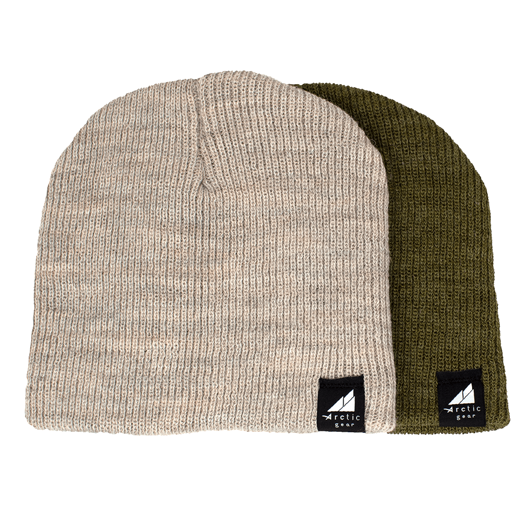 Toddler Acrylic Wool Beanie Multipack – Ages 1–3 in beige and olive green colors, perfect for cozy toddler winter outfits.
