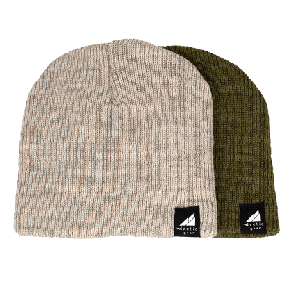 Toddler Acrylic Wool Beanie Multipack – Ages 1–3 in beige and olive green colors, perfect for cozy toddler winter outfits.
