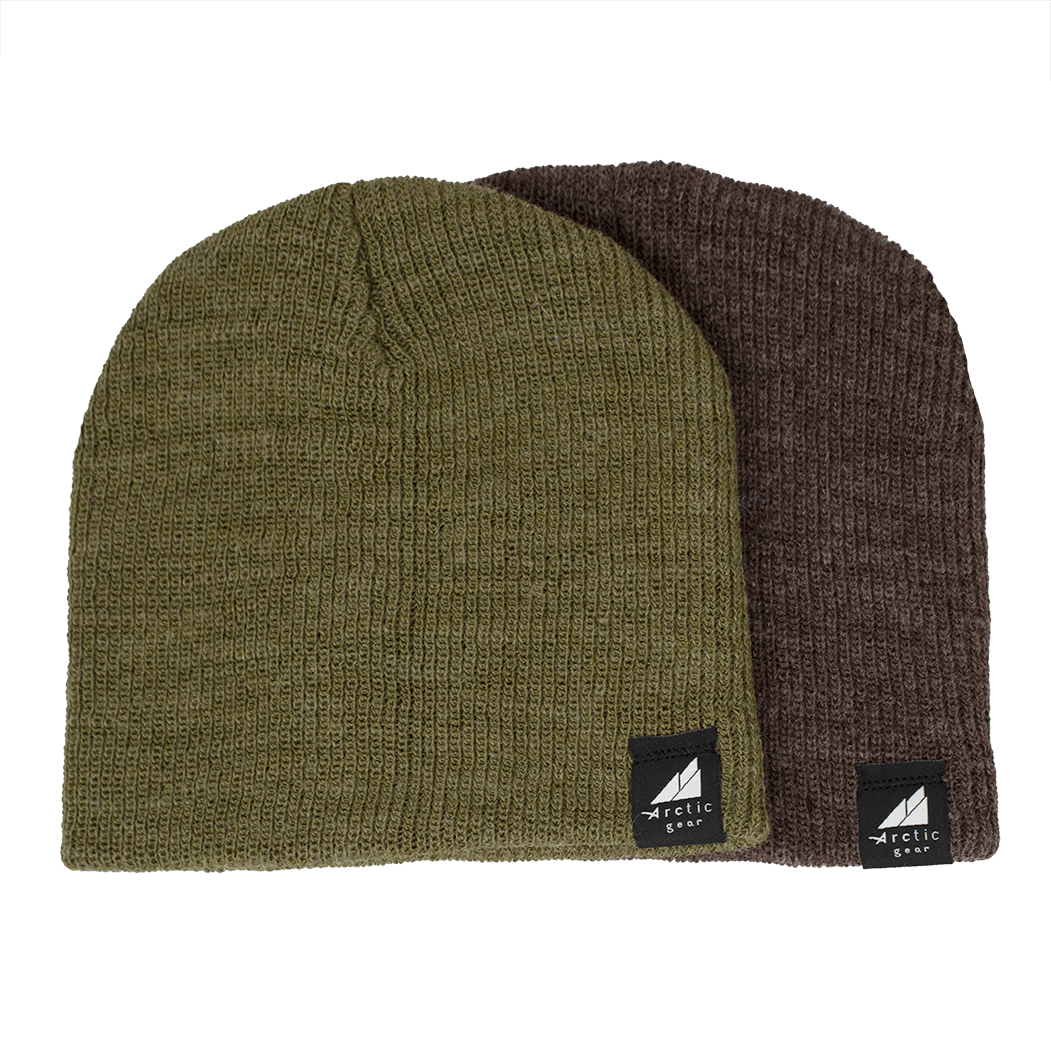 Toddler Acrylic Wool Beanie Multipack – Ages 1–3 featuring two cozy hats in green and brown colors.