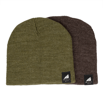 Toddler Acrylic Wool Beanie Multipack – Ages 1–3 featuring two cozy hats in green and brown colors.