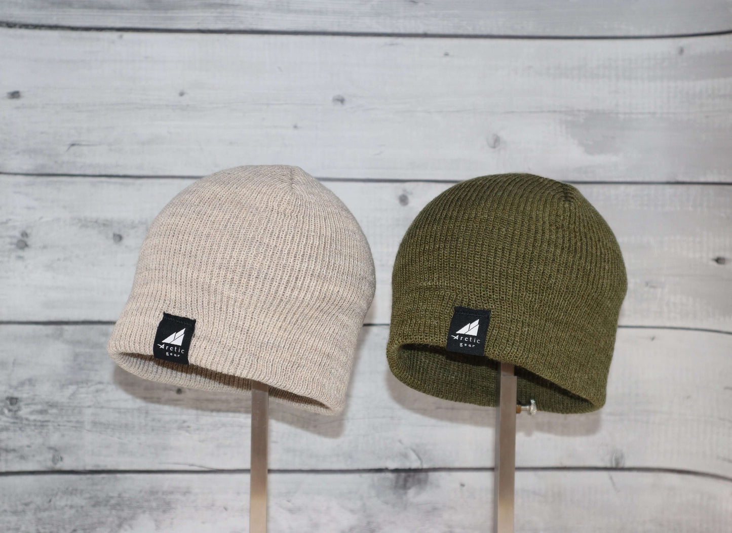Toddler Acrylic Wool Beanie Multipack – Ages 1–3, featuring beige and green beanies perfect for toddlers.