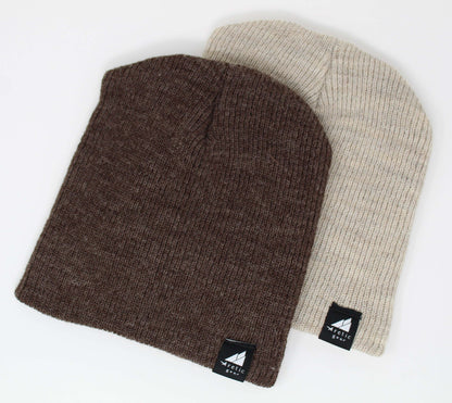 Toddler Acrylic Wool Beanie Multipack – Ages 1–3, featuring two cozy beanies in brown and beige colors.