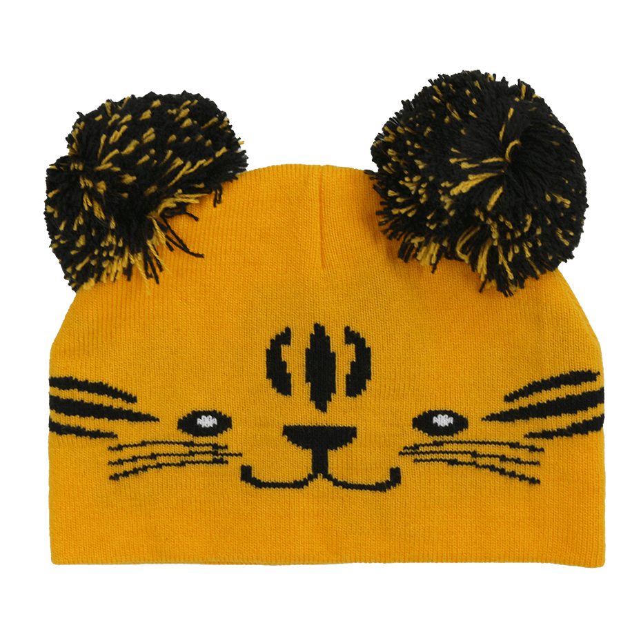 Toddler Specialty Hat – Animal-Inspired Warmth with Purpose featuring a playful tiger design with pom poms.
