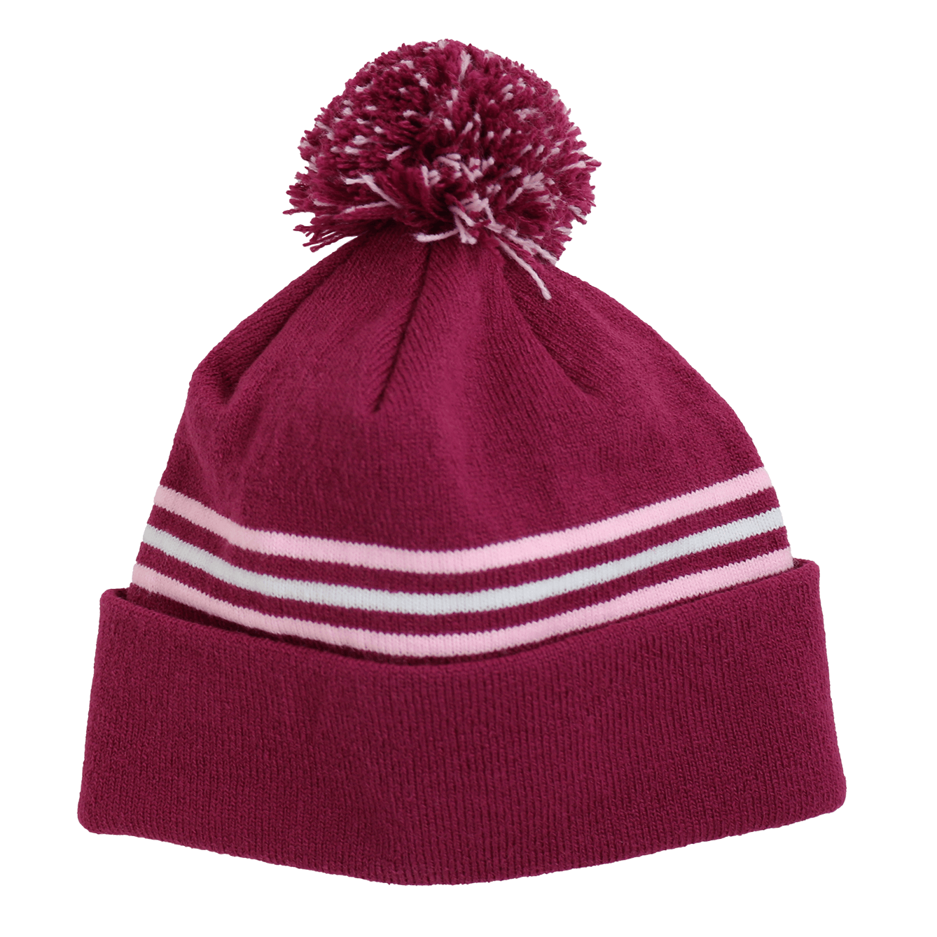 Toddler Specialty Hat – Animal-Inspired Warmth with Purpose in maroon with pom pom and striped design.