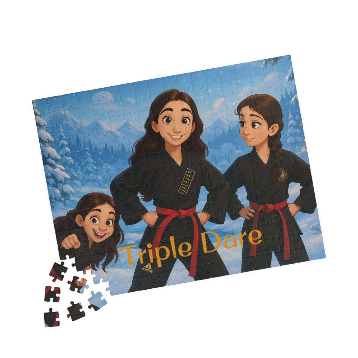 Winter Cartoon Puzzle – Personalized Disney-Style Keepsake featuring three girls in martial arts outfits.