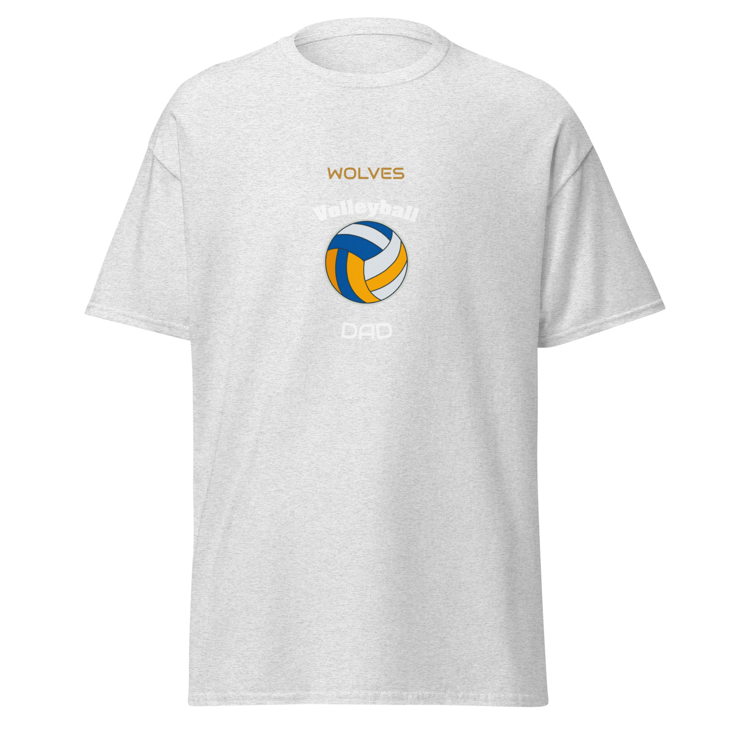 Custom gray volleyball dad tee with Wolves logo, perfect for game day support.