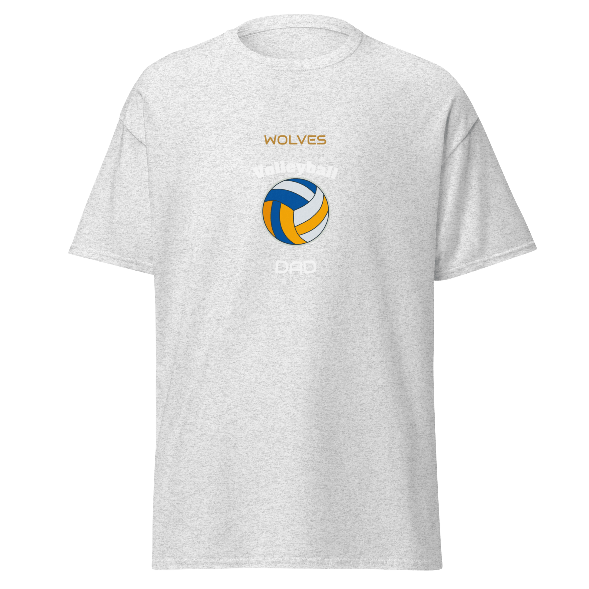 Custom gray volleyball dad tee with Wolves logo, perfect for game day support.