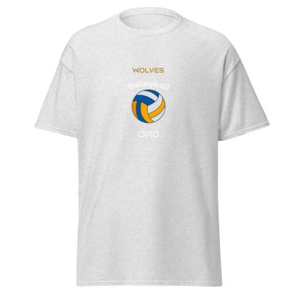 Custom gray volleyball dad tee with Wolves logo, perfect for game day support.