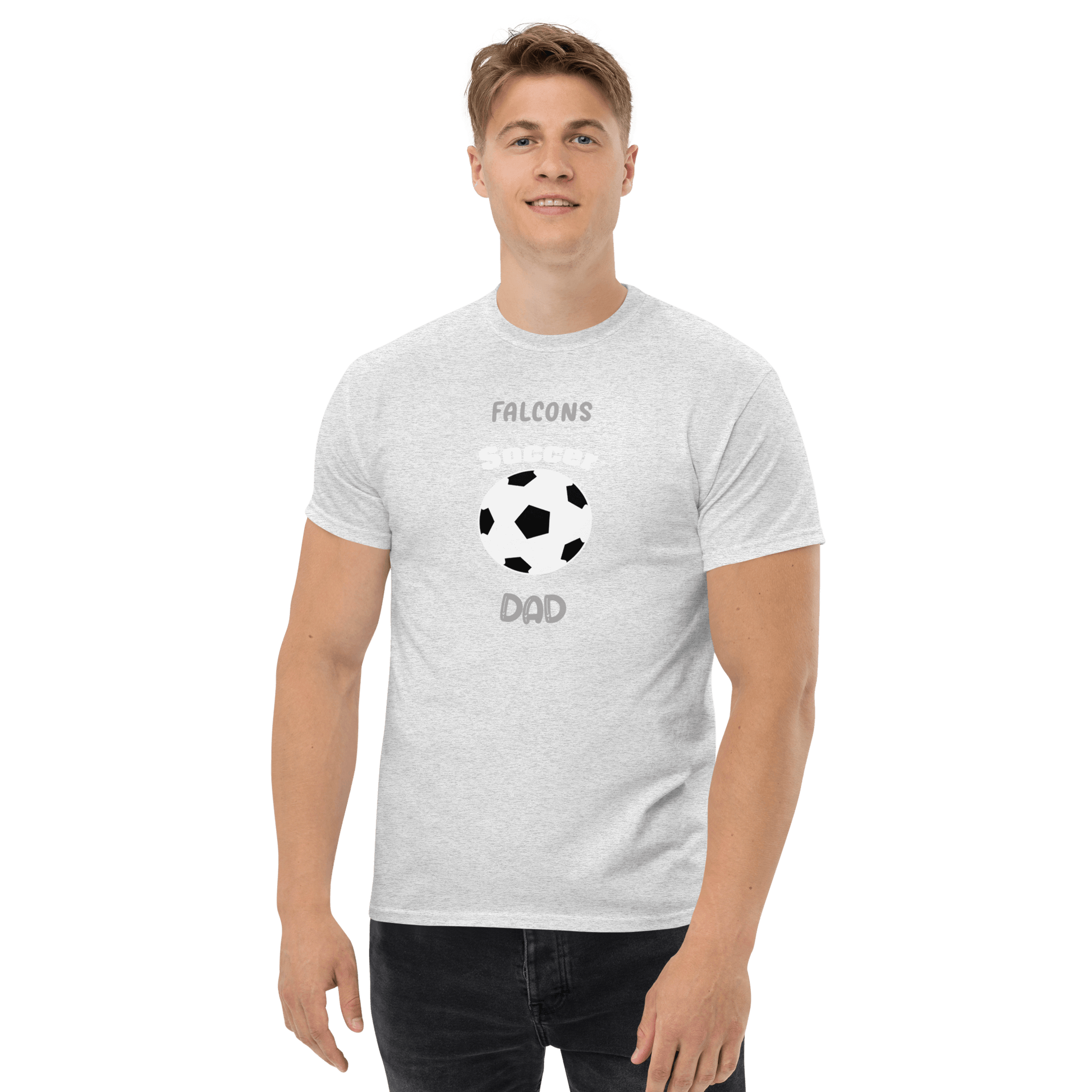 Gray soccer dad t-shirt with 'Falcons Soccer Dad' print, perfect for soccer enthusiasts and fans.