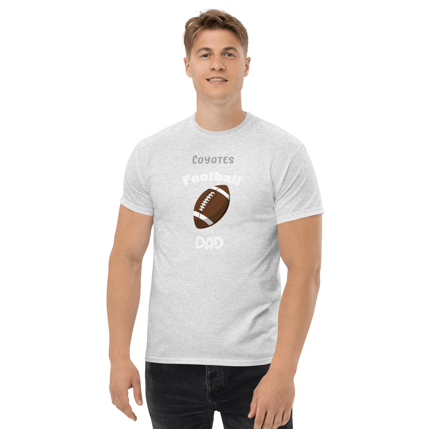 Gray tee for football dads featuring 'Coyotes Football Dad' text and football graphic