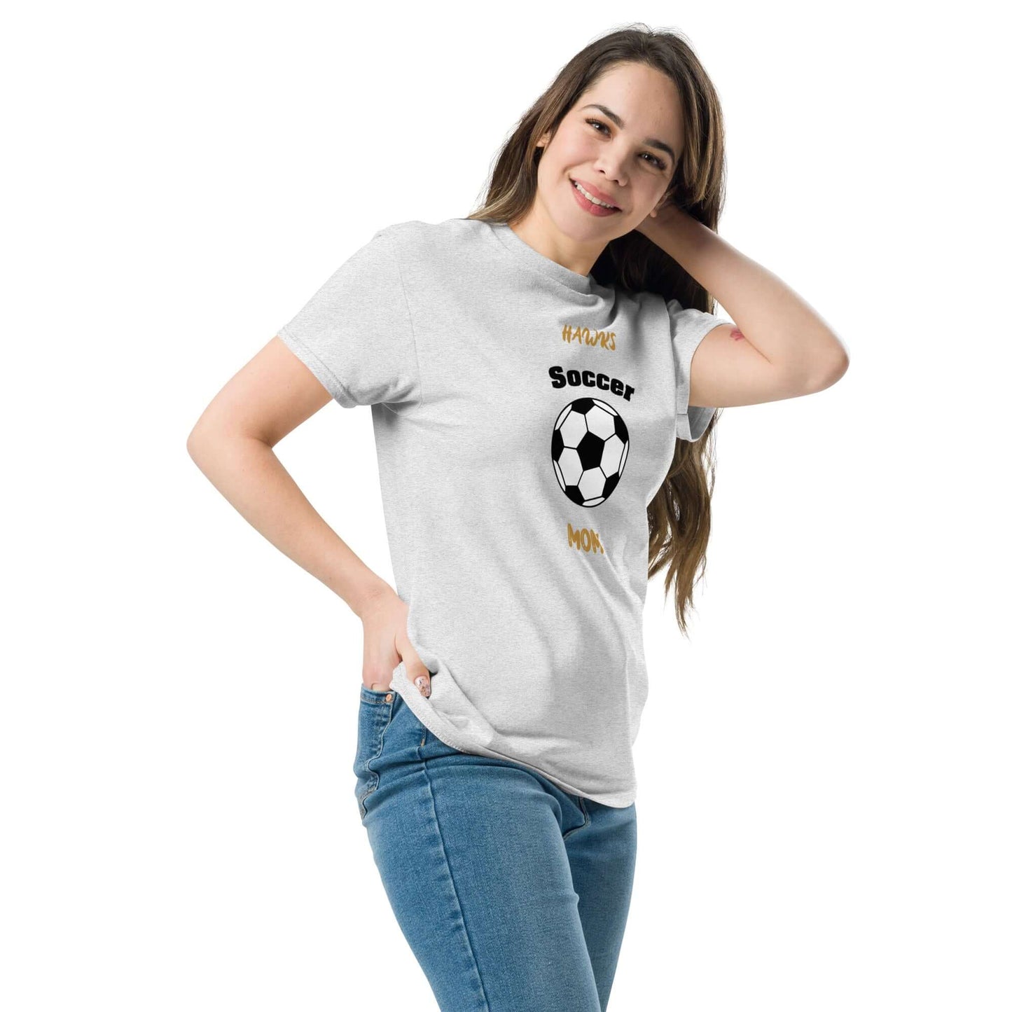 Woman wearing a gray Soccer Parent Tee with a soccer ball graphic, perfect for supportive fans.