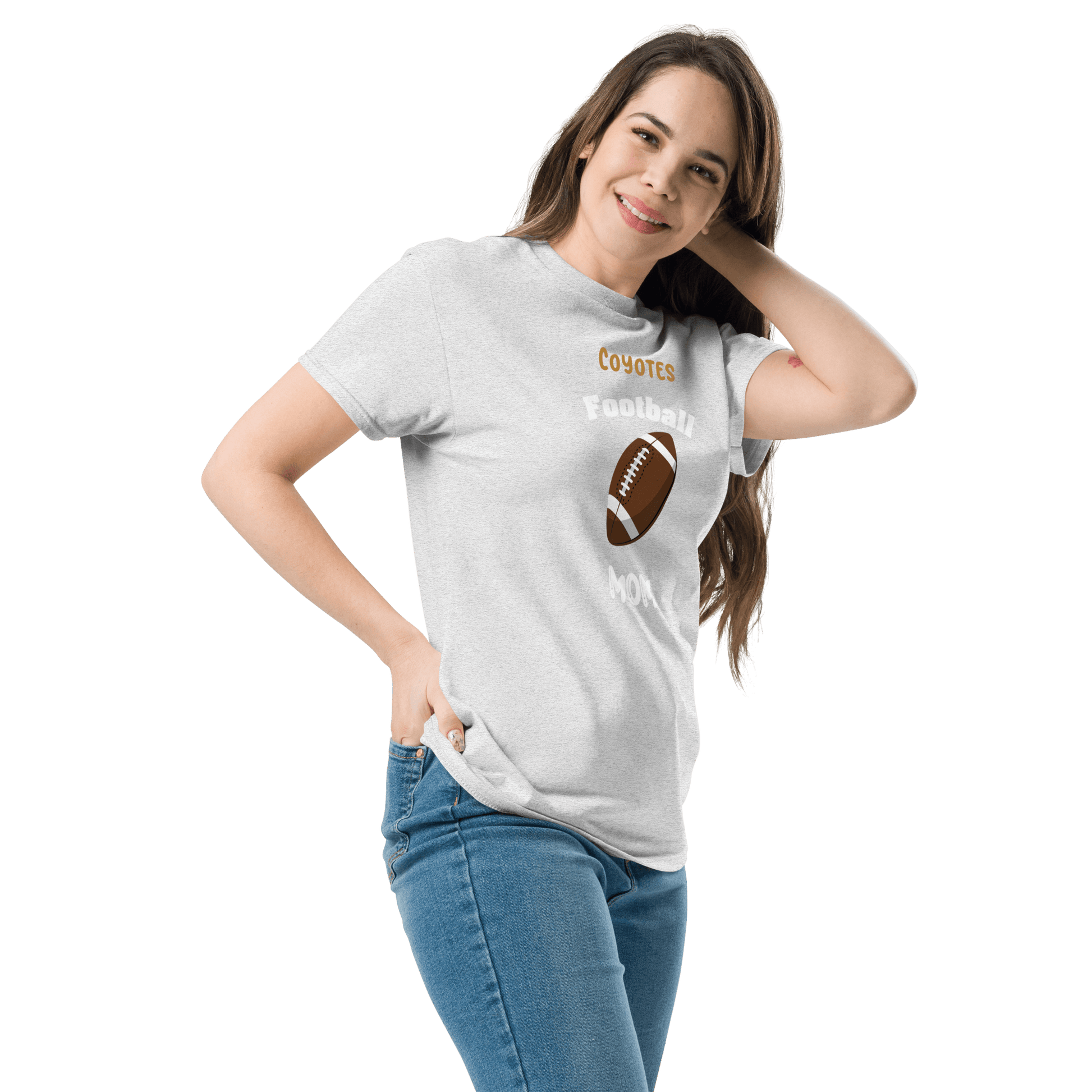 Smiling woman wearing a personalized grey football supporter tee for proud moms, featuring 'Coyotes Football' design.