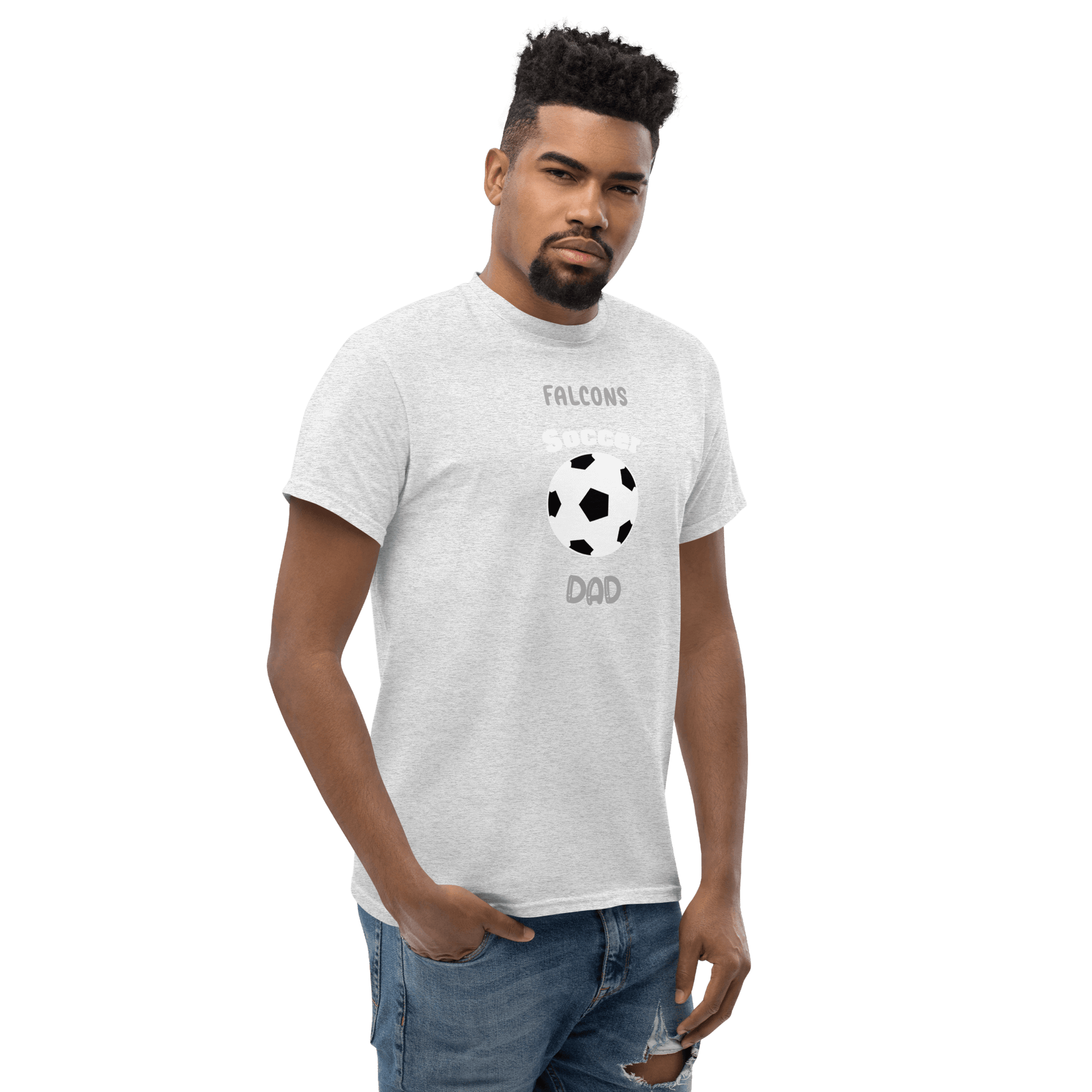 Gray soccer dad tee featuring 'Falcons Soccer Dad' with a soccer ball design, perfect for proud parents.