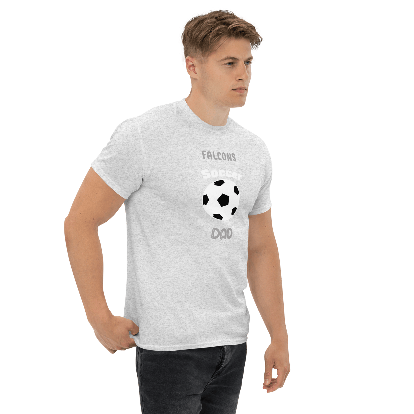 Gray soccer dad tee featuring 'Falcons Soccer Dad' text and a soccer ball graphic, perfect for proud parents.
