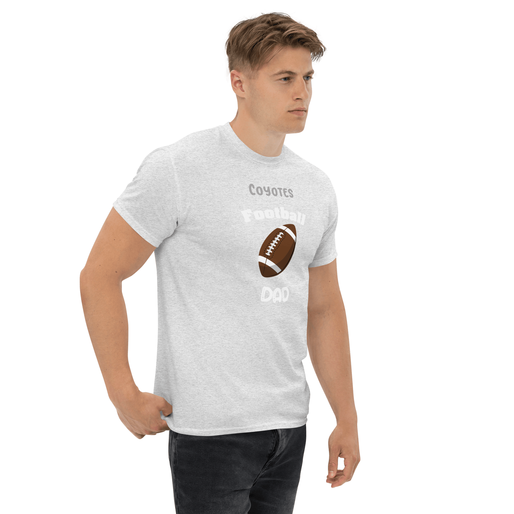 Gray personalized football t-shirt for proud dads, featuring 'Coyotes Football Dad' design.