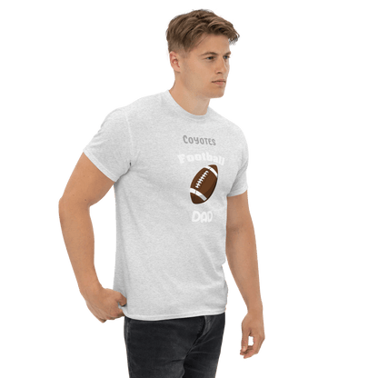 Gray personalized football t-shirt for proud dads, featuring 'Coyotes Football Dad' design.