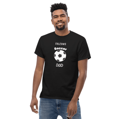 Black soccer dad tee featuring 'Falcons Soccer Dad' design and a soccer ball graphic, ideal for game day support.