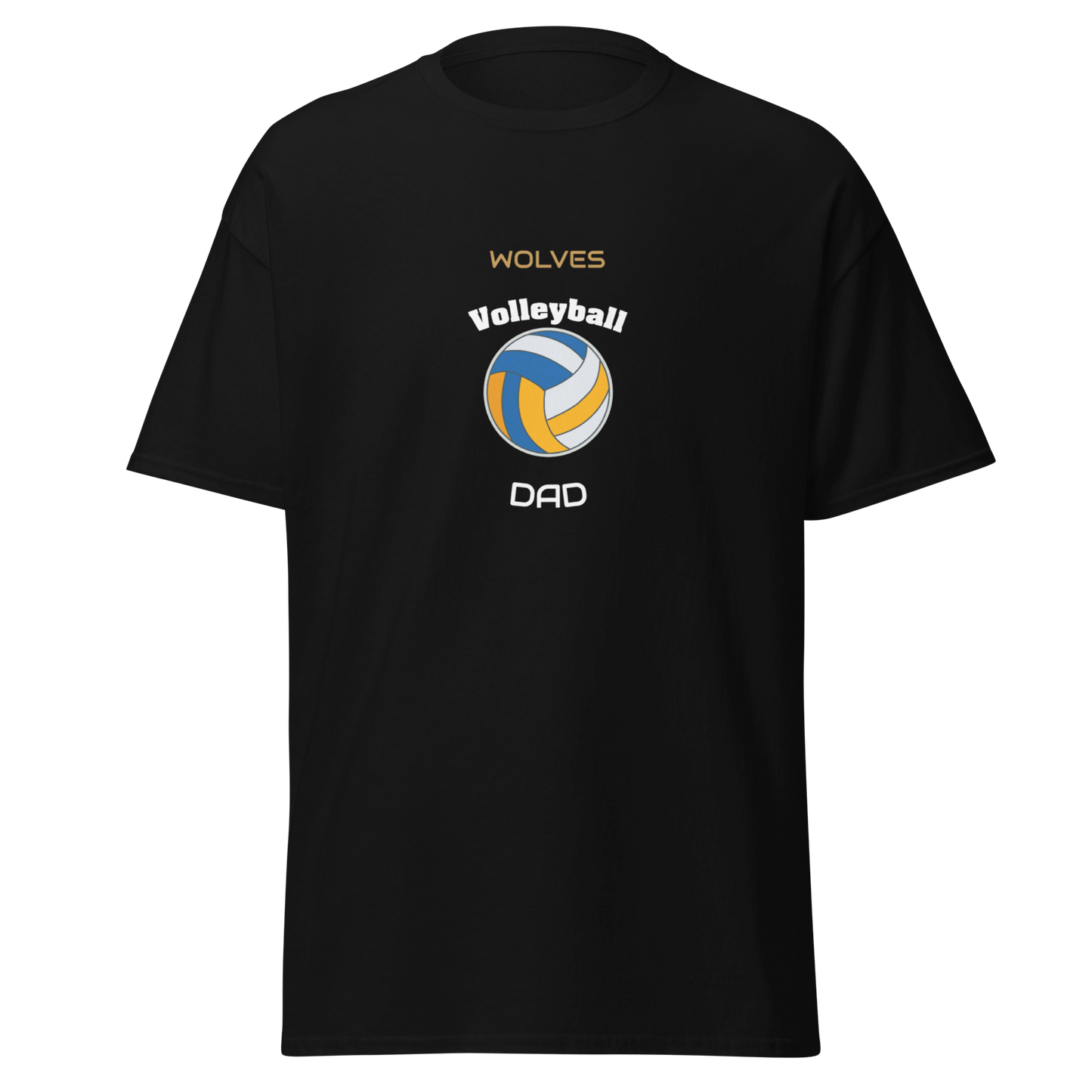 Custom black volleyball dad tee featuring Wolves logo and volleyball graphic for game day support.