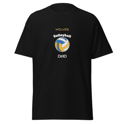 Custom black volleyball dad tee featuring Wolves logo and volleyball graphic for game day support.