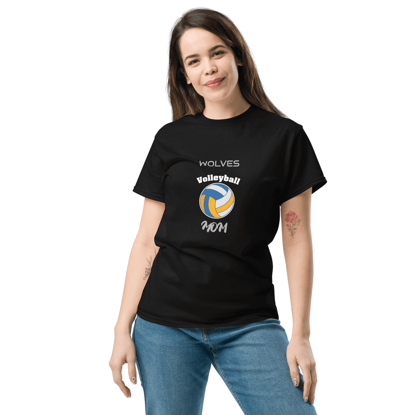 Woman wearing Wolves Volleyball Mom tee, supporting her child on game day with a stylish black cotton shirt.